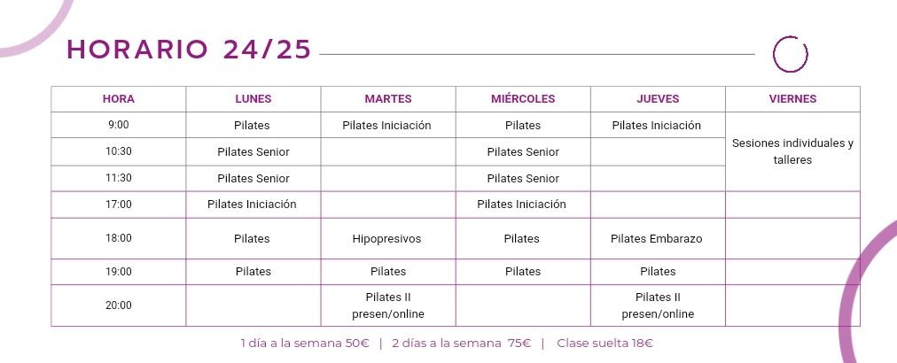 Horario Pilates curso 2023 / 2024